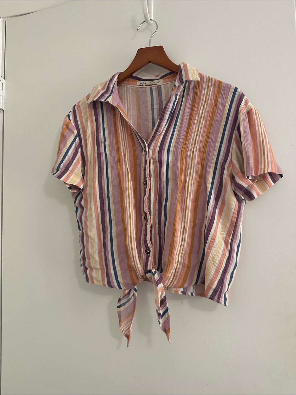 Wallflower Rainbow Striped Tie-Front Cropped Button-Up